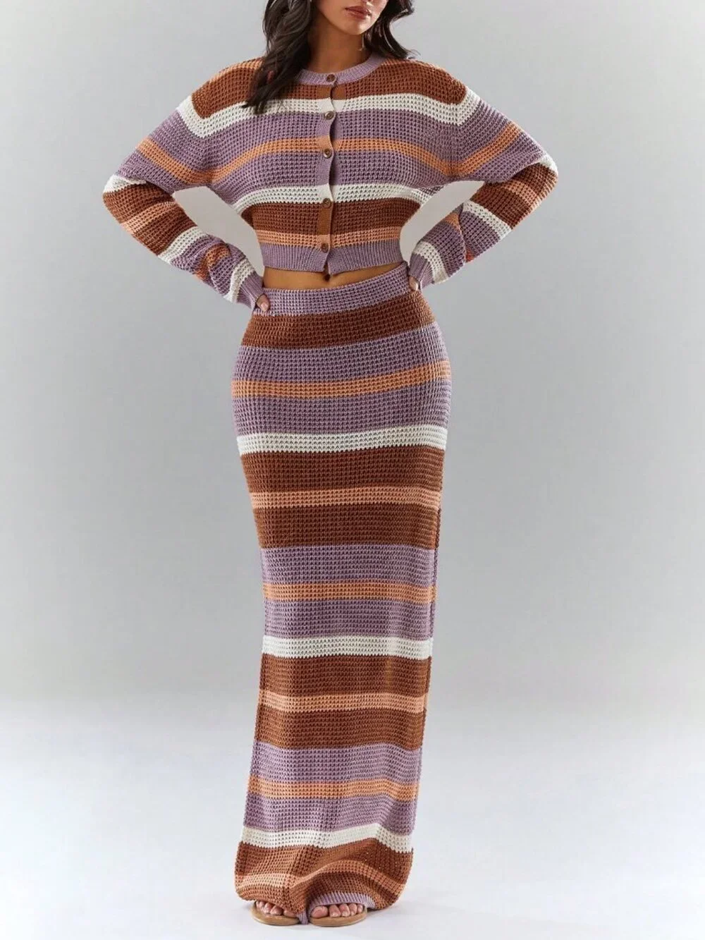 Casual Women's Striped Long Sleeve Knit Cardigan And Knit Skirt Set
